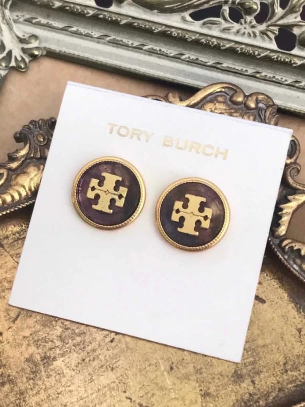 TORY BURCH • Purple Stone Semiprecious Logo Earrings